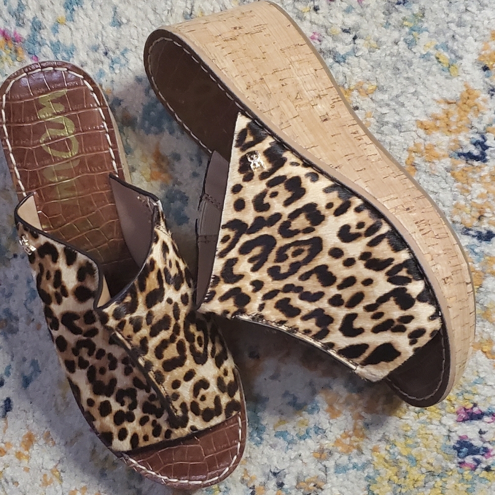 Leopard Print Cork Wedge Slide Sandals - Women